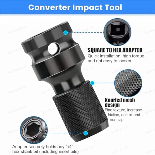 Image of Sunkizzrs 2-Set Rapid Release Converter-1 /2 inch Square Drive to 1 /4 inch Hex Female Socket Adapter-Quick Release Impact Bit Holder-Drill Chucks Adaptor Conversion for Impact Wrench included Ring & Rod