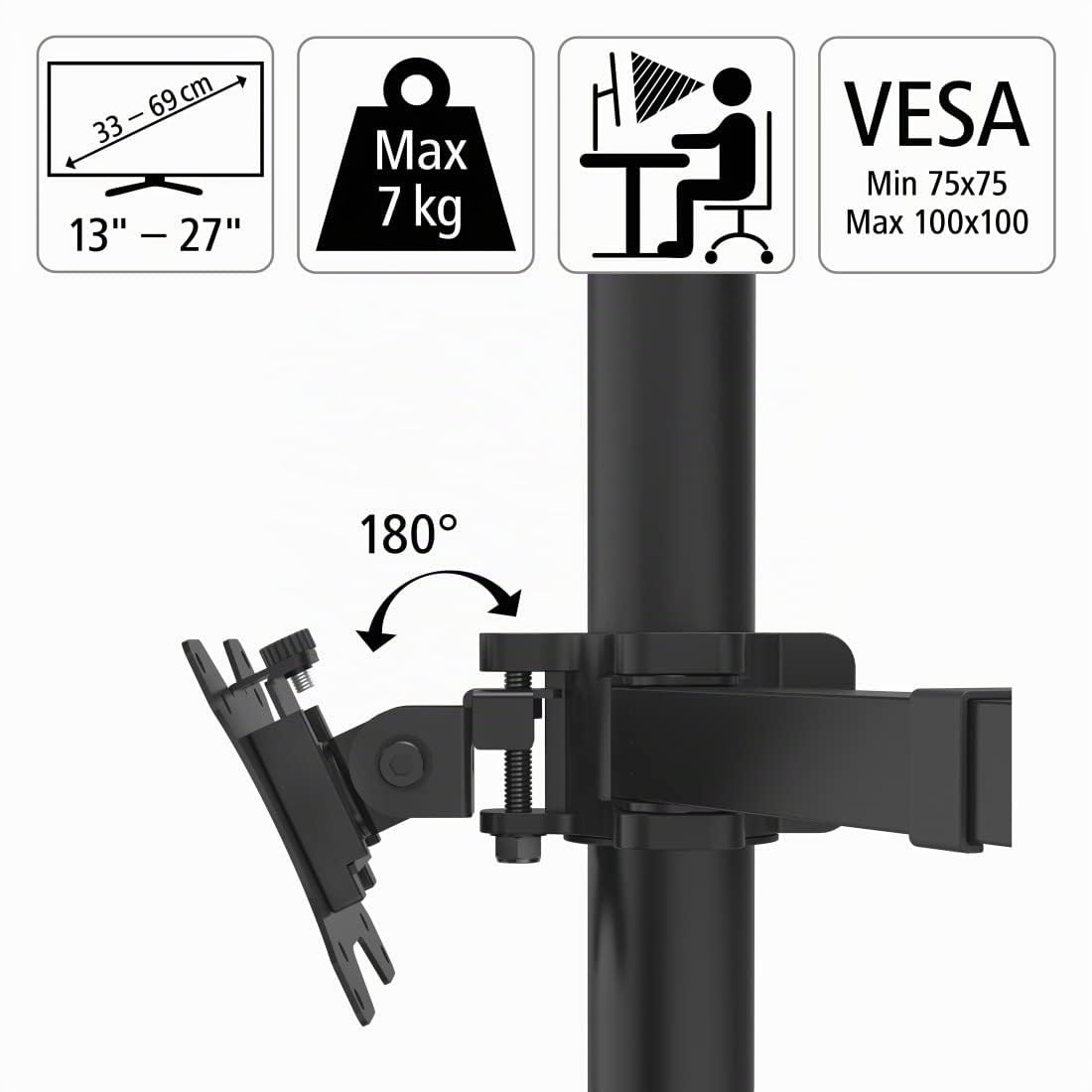 Hama Support Ecran PC 3 écrans Garantie 5 Ans (Bras pour 3 Moniteurs TFT/LCD/LED de 33 à 69 cm (13" - 27"), Hauteur Réglable, Pivotable, Inclinable, Système Easy Fix) Noir