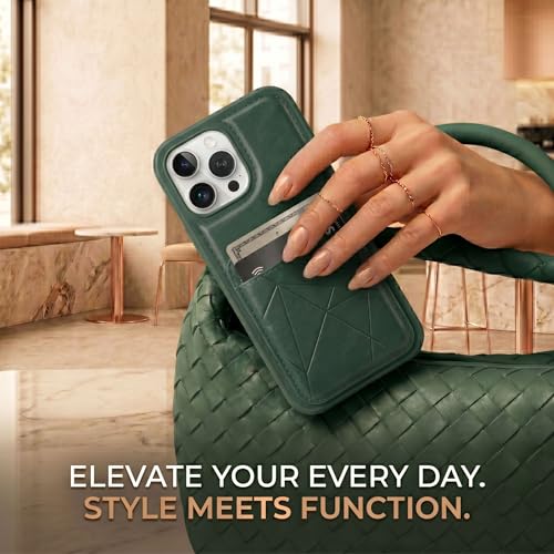 Image of amazon basics Premium Vegan Leather Back Cover with Card Holder and Integrated Mobile Stand for iPhone 16 Pro Max - Slim Shockproof Wallet Case with Geometric Stitching [Green]