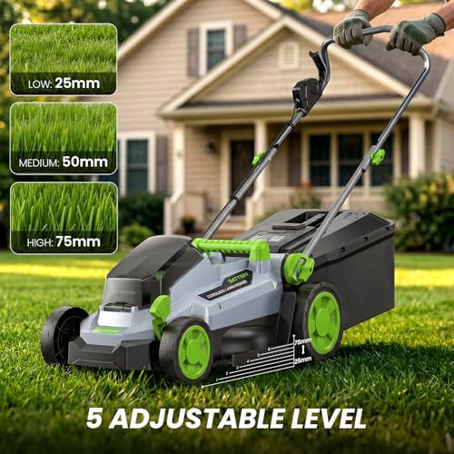 Image of 13 Inch Cordless Lawn Mower, 40V Electric Lawnmower for Garden /Patio /Yard | 2 x 20V 4.0Ah Battery, 13 inch Cutting Width, 5 Adjustable Height, 30L Grass Bag, Bagging Mode&Mulching Mode