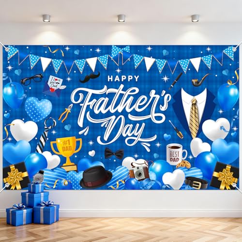 Avezano Happy Fathers Day Banner Happy Fathers Day Decorations for Party Blue Happy Fathers Day Backdrops for Photography Best Dad Party Banner for Indoor Outdoor Decor (6x3.6ft)