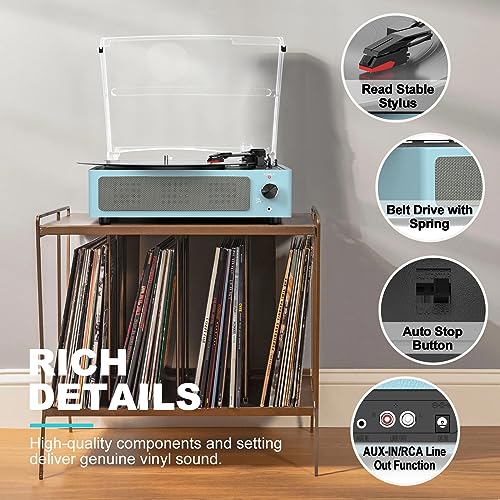 Image of Vinyl Record Player with Speakers New Sleek Sky Blue Turntable Wireless Receiver Bluetooth Playback 3 Speed 3 Size AUX-in RCA Line Auto Stop All-in-one LP Phonograph for Beginner Classic Blue