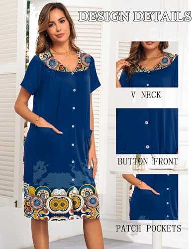 Image of Ekouaer House Dresses for Women with Pockets Button Down Nightgowns Plus Size Moo Moos Mumu Dresses Floral Print S-3XL