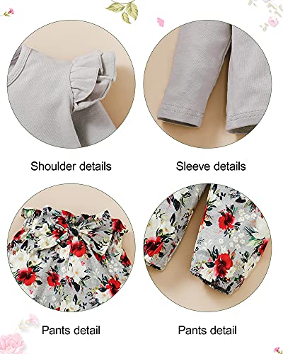 Image of YALLET 3Pcs Toddler Girl Clothes Solid Color Long Sleeves Ruffle Top+Floral Pants+Headband 1-6 Years Fall /Winter Outfits Set