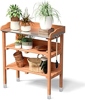 GiantexUK Wooden Potting Table, Garden Planting Bench with 2 open shelves and Metal Tabletop, Outdoor Flower Plant Workstation for Patios, Courtyards & Balcony, 77 x 37 x 89cm