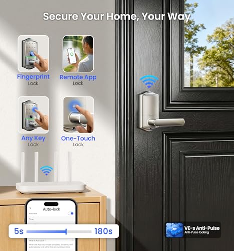 Image of Veise VE029 WiFi Smart Lever Lock, Fingerprint Keyless Entry Door Lock with Handle, Built-in WiFi, Remote App Control, Electronic Digital Knob for Front Door and Bedroom, IP65 Waterproof, Satin Nickel