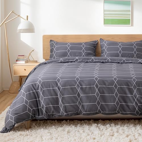 Image of TOCOMOA Plaid Duvet Cover Set 100% Natural Cotton Soft Comfy Breathable 3 Piece Grey and White Pattern Printed Comforter Cover Bedding Set (Queen 90 inchx90 inch, Comforter Not Included)
