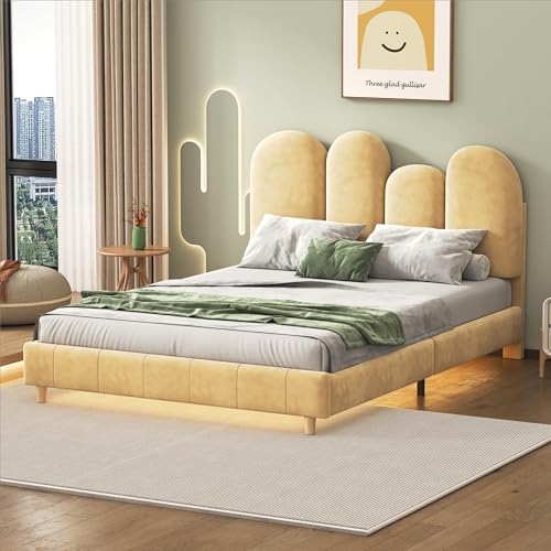 Merax Lit double pour enfants et adolescents : lit rembourré avec tête de lit en forme de pouce, barre lumineuse LED jaune chaud, housse en velours, kaki, 140 x 200 cm - Sans matelas