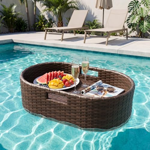 Devoko Floating Pool Tray Large PE Rattan Pool Serving Bar, Luxury Pool Floating Table with Handles for Pool Party, Hot Tub & Beach (Brown)