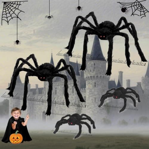 Image of Giant Spider 2.46 Ft, 4 Packs Halloween Decorations Fake Halloween Decor Spiders Large, Furry Spiders for Outdoor Indoor Yard Home Costumes Party House Decor, 2.46Ft*2 /0.98Ft*2
