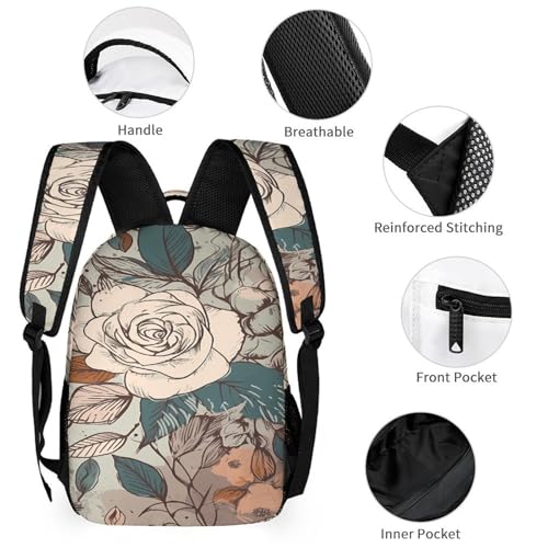 Retro Flower Pattern Printed Backpack With Lunch Pack Storage Box Case 3pcs Lightweight Travel Backpack3