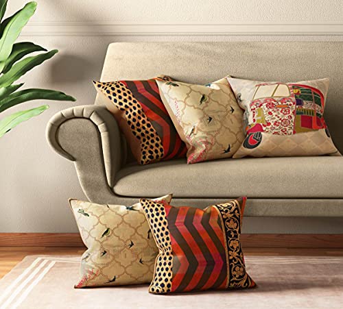 Image of India Circus by Krsnaa Mehta The Mughal Rickshaw Multicolor Satin Blend Cushion Pillow Covers Set of 5 (16 x 16 Inches)