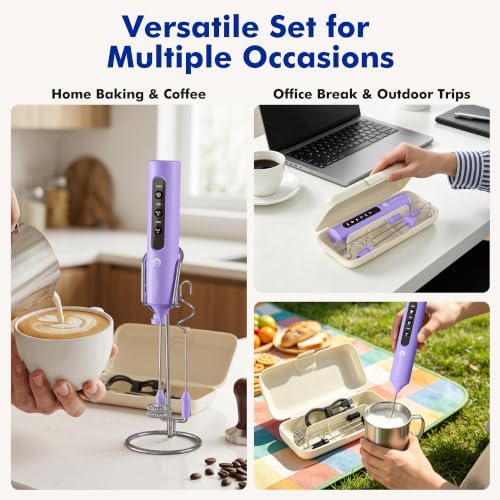 Image of Rechargeable Milk Frother with Stand, 4 Interchangeable Whisks & Travel Case - Handheld Mixer for Lattes, Matcha, Hot Chocolate, Eggs & Protein Shakes