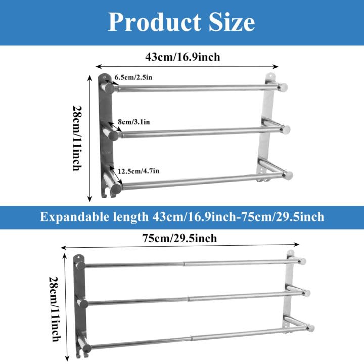 GBACHOOSE Adjustable Towel Rail, 3-Tier Towel Rack Wall Mounted, SUS 304 Stainless Steel Towel Shelves with Hooks - Image 2