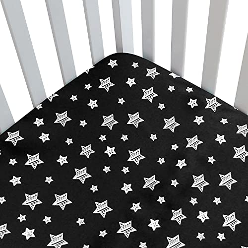 Image of Black Star Baby Crib Sheet - Silky Soft Microfiber, 52'' x 28'' Fitted Sheet for Standard Size Crib Mattress, Snug Fit for Boys & Girls