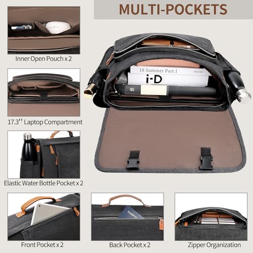 Image of ESTARER Men's Messenger Bag 17.3 Inch Upgraded, Water-resistant Canvas Laptop Bag, Computer Shoulder Bag for College Travel Work, Dark Grey