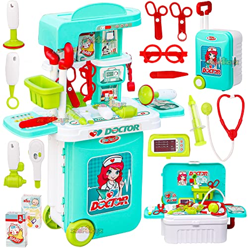 Image of Zest 4 Toyz Pretend to Play Toy Doctor Set Case Workbench 3 in 1 Doctor Nurse Medical Box with Suitcase Trolley | Doctor Play Set for Toddler Boys Girls (Blue)