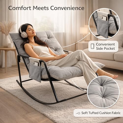 Image of Padded Rocking Lounge Chair with Thick Tufted Cushion, Sturdy Metal Frame, Modern Indoor Rocker Armchair for Living Room, Bedroom, Reading Corner, or Relaxation Space (Grey, Large)