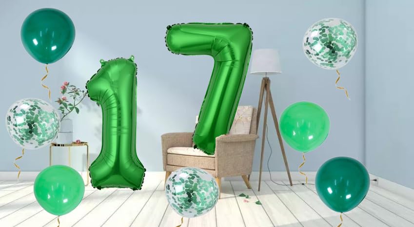 Palloncini con numero 17 verde + ghirlanda di Happy Birthday