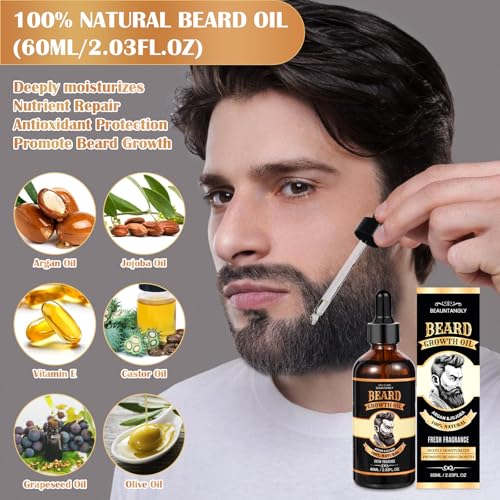 Beard Growth Kit, Beard Care Grooming Set w/Beard Growth Oil, Conditioner, Balm, Shampoo Wash, 0.25MM Roller, Beard Brush, Comb, Scissor, Bag, Christmas Birthday Valentines Day Gifts for Him Men - Image 5
