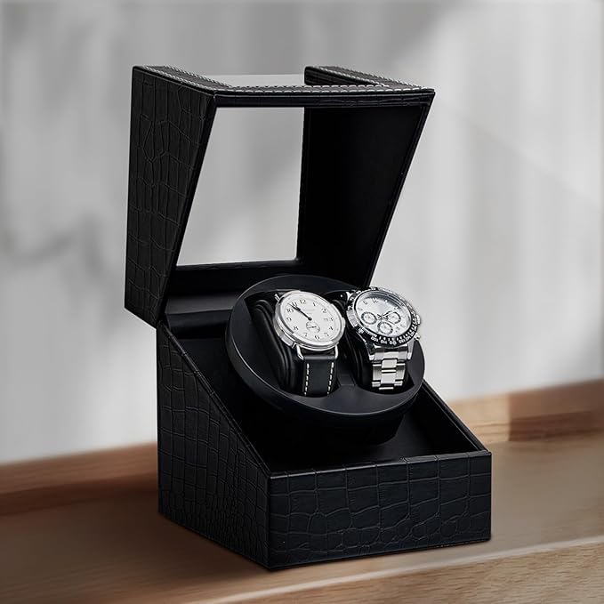 Image of Double Automatic Watch Winder Box, Automatic Watch Display Storage Rotation Wristwatch Box with 2 Slots-Black (CROC)