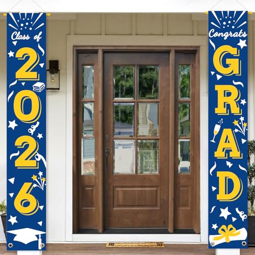 Image of Graduation Porch Banner Class Sign Congrats Grad Hanging Flags High School College University Party Decoration For Front Door Outdoor Blue Yellow