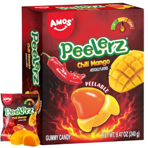 AMOS Peelerz Chili Mango Peelable Gummy Candy, Spicy Sweet Mango Flavor, Real Fruit Juice Infused, 8.47 OZ (240g)