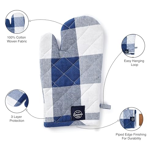 Image of Encasa XO Oven Gloves for Microwave (2 pc Set) - Heat Proof, Thick & Safe | Longer 18x30 cm Mittens for Protection in Kitchen Cooking & Baking - Buffalo Blue Checks