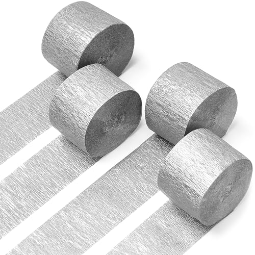 PartyWoo Silver Crepe Paper Streamers 4pcs 328ft Pack of Silver Crepe Paper for Wedding Bachelorette Birthday Baby Shower Bridal Shower Engagement Anniversary New Year Graduation Party Decorations