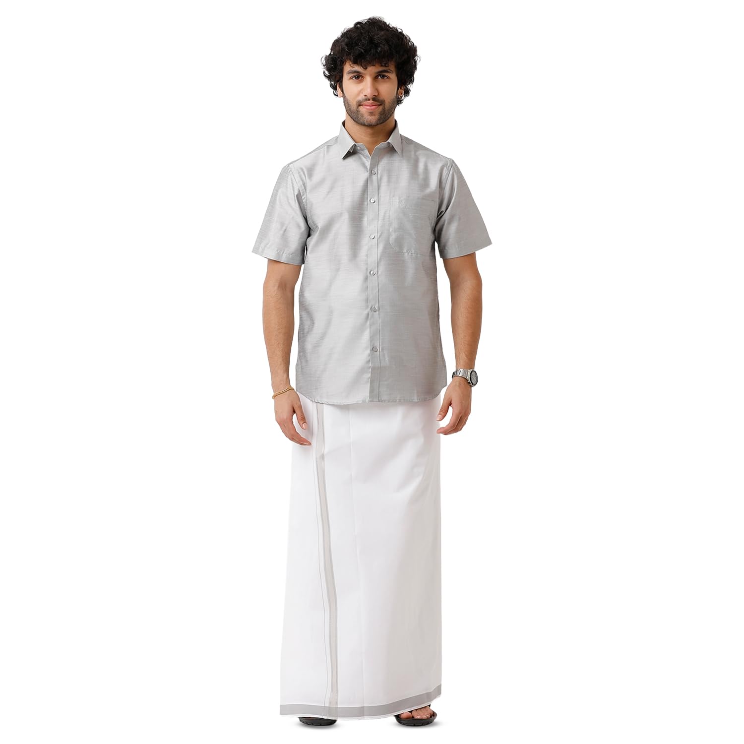 uathayam Divine Men Half Sleeve Shirt with Matching Single Dhoti Set | Premium Art Silk & Cotton Blend Traditional Ethnic Outfit for Weddings, Festivals-picture-11