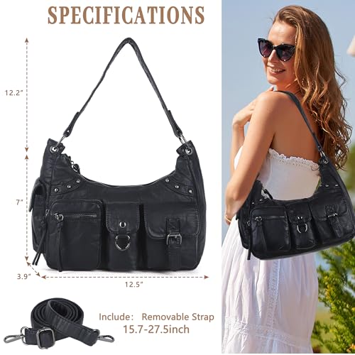 Angel Kiss Hobo Bag for Women Soft Vegan Leather Shoulder Handbag Multi-Pocket Tote Crossbody Bag, Removable Strap2