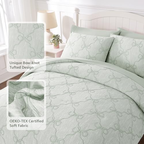 Image of Queen Comforter Set with Sheets for Girls-7 Pieces Bow Bed in A Bag | Soft Jacquard Queen Size Bedding Sets with Light Green Comforter, Pillowcases & Shams, 90 inch X 90 inch