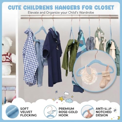 Image of 6 -Pcs Light Blue Kids Velvet Hangers Premium 11-Inch Children's for Closet, Ultra-Thin and Cute, Non-Slip Felt Design, Small for Kids' Clothes.
