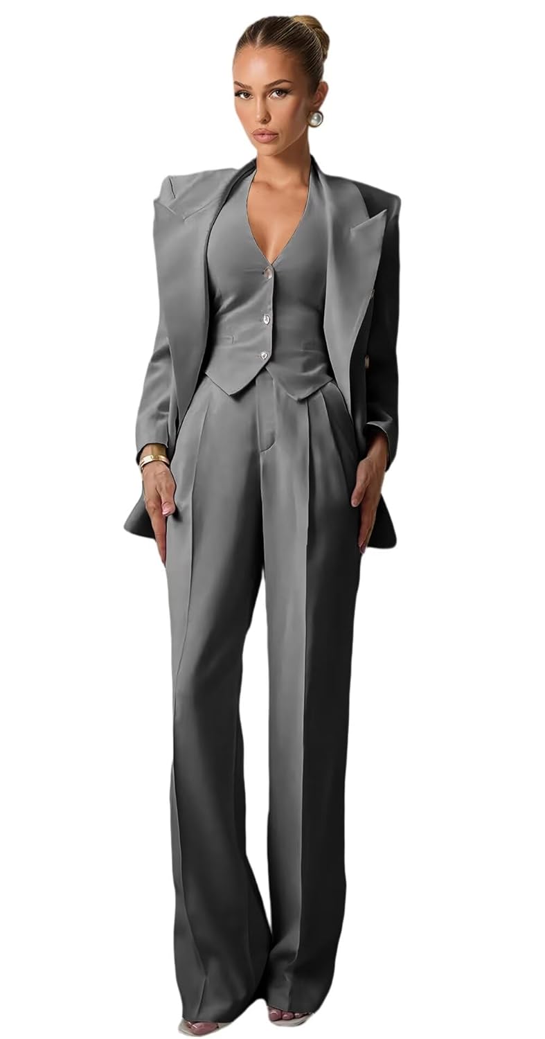 Dark Gray Business Suits for Women 3 Piece Sets Double Breasted V Neck Womens Suit Big and Tall