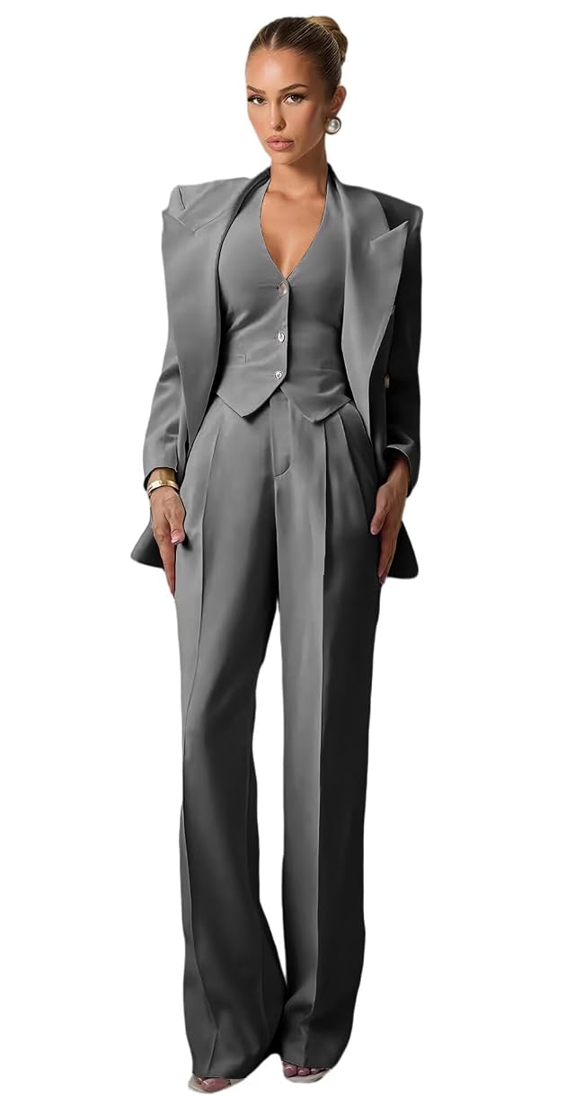 Dark Gray Business Suits for Women 3 Piece Sets Double Breasted V Neck Womens Suit Big and Tall
