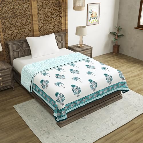 Image of BLOCKS OF INDIA Hand Block Printed Cotton Single Size Reversible Malmal Dohar for Summer (Turq BUTA Tree)