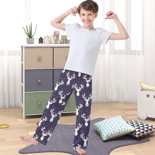 Boy's Lounge Pants Classic Blue Red Checkers Deer Kids Jogger Pants Elastic Waist Long Bottoms with Pockets 6-14 Y4