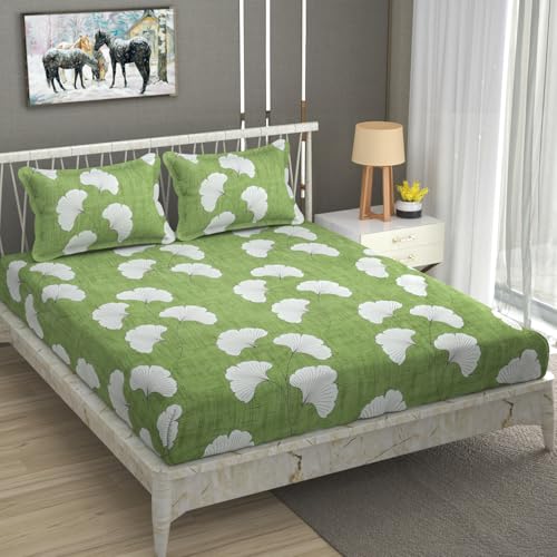 Image of Premium Heavy Cotton Elastic Fitted Bedsheets with 2 King Size Pillow Covers | Double Bed with All Around Elastic 350 TC | 72 x 78 x 10 Inch King Size Fitted | :- Green Jhaad