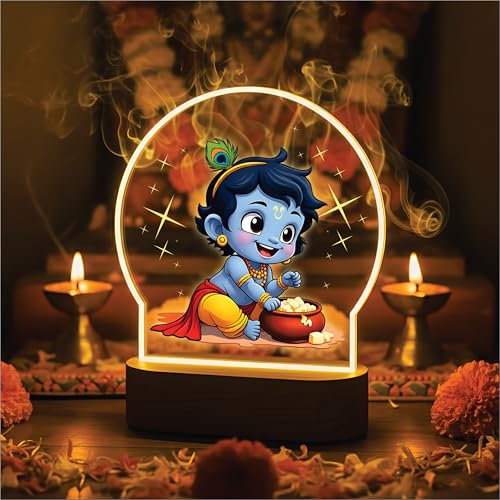 Image of Giftplease Divine Bal Krishna LED Night Light - Warm Glow Decorative Lamp for Pooja Room & Home Decor - Vibrant Printed Little Krishna /Laddu Gopal Table Lamp for Gifting & Festivals GL 10