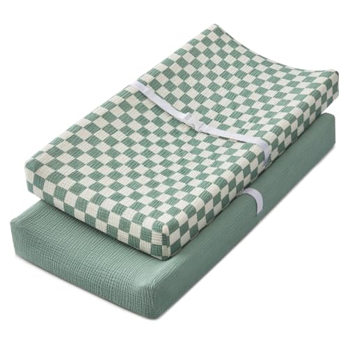 Image of Blissful Diary Muslin Changing Pad Cover for Baby Girls Boys, Ultra Soft Breathable Cotton, Baby Diaper Change Table Pad Covers, 2Pack (Checkered Green & Sage Green)