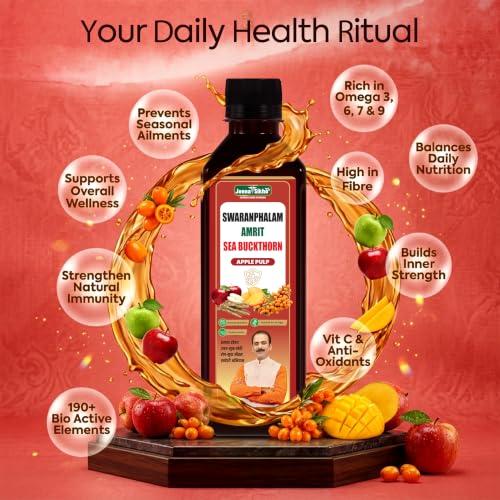 Image of Jeena Sikho Swaranfalam Amrit Himalayan Sea Buckthorn Berry Pulp /Juice Concentrate | Apple Flavour | With Ashwagandha | Cold-Pressed | Natural Vitamin C, Omega 3 6 7 9 & Antioxidants | Supports Immunity, Skin Glow & Gut Health | Ayurvedic Seabuckthorn Juice