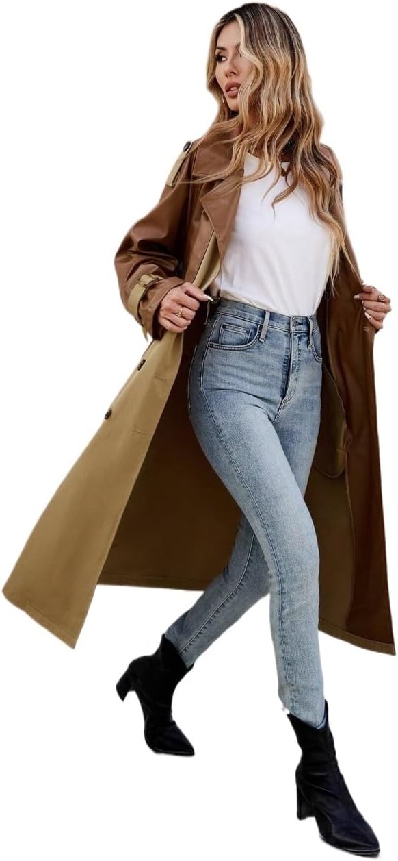Womens Fashion Trench Outwear Colorblock Double Breasted Long Sleeve Trench Coat Jacket Coat