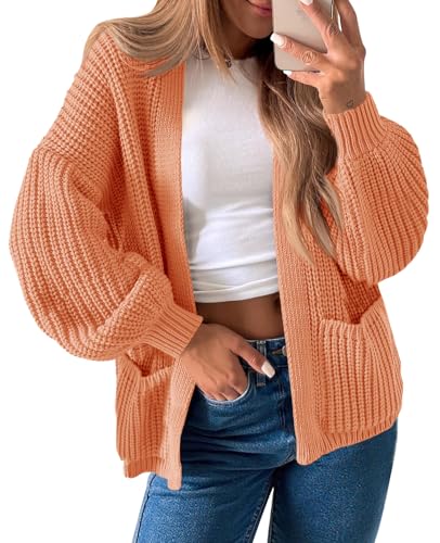 Saodimallsu Womens Oversized Open Front Cardigan Chunky Ribbed Knit Lantern Sleeve Fall Sweater Coats with Pockets Orange - image 1