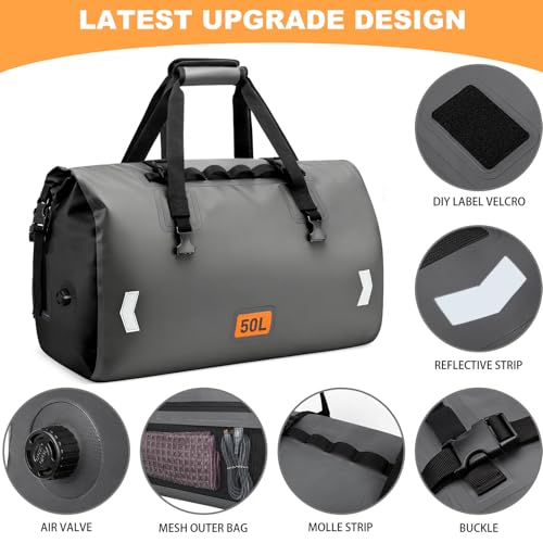 OCKLILY Waterproof Dry Bag, 50L Roll-top Motorcycle Tail Bag with Air Valve & Quick-fixed Straps, Travel Duffle Bags for Kayaking Paddle Boarding Rafting Boating Camping Riding Fishing - Grey by OCKLILY - Image 3