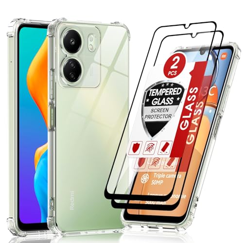 LeYi Funda para Xiaomi Redmi 13C/13 C/Poco C65 4G con [2-Unidades] Cristal Templado, Carcasa Armor Silicona Soft Skin TPU Case Antigolpes Cover, Transparente