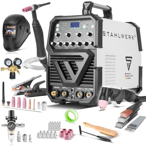 STAHLWERK Soldadora combinada 3 en 1 AC/DC TIG 200 pulsos con Plasma ST - Totalmente equipada - Máquina de soldar 200 A, MMA, aluminio y chapa fina, tecnología IGBT, CUT 50 A