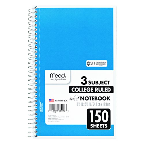Mead Spiral Notebook, 3 Subject, College Ruled Paper, 150 Sheets, 9-1/2" X 5-1/2", Color Selected For You (06900) #TOP2