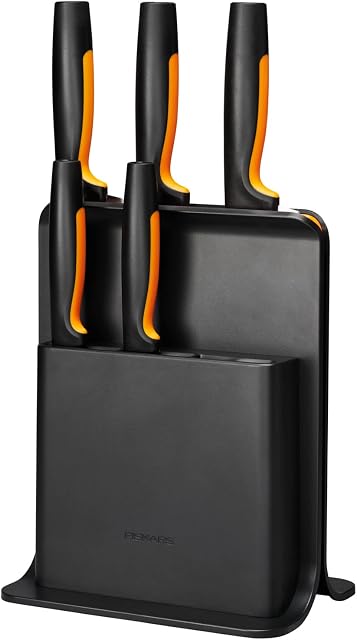 Fiskars Blok 5 noży, Functional Form, w tym nóż do warzyw, nóż do pomidorów, nóż szefa kuchni Santoku, nóż szefa kuchni i nóż do chleba, Tworzywo sztuczne, Czarny, 1057554