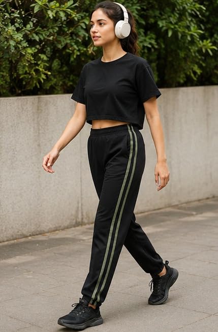 Image of London Hills Women's Regular Fit Mid Rise Cotton Blend Joggers Track Pants Striped Track Pants
