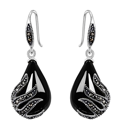 EVER FAITH 925 Sterling Silver Crystal Black Chalcedony Party Leaf Teardrop Hook Earrings